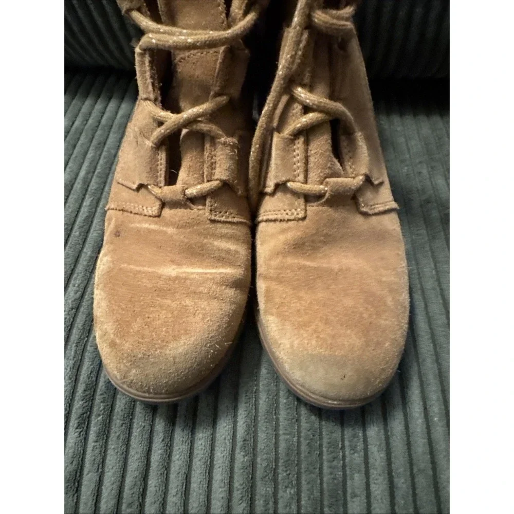 Sorel Womens 6.5 Wedge Boots Ankle Booties Evie Lace Up Suede Camel Brown‎ Tan